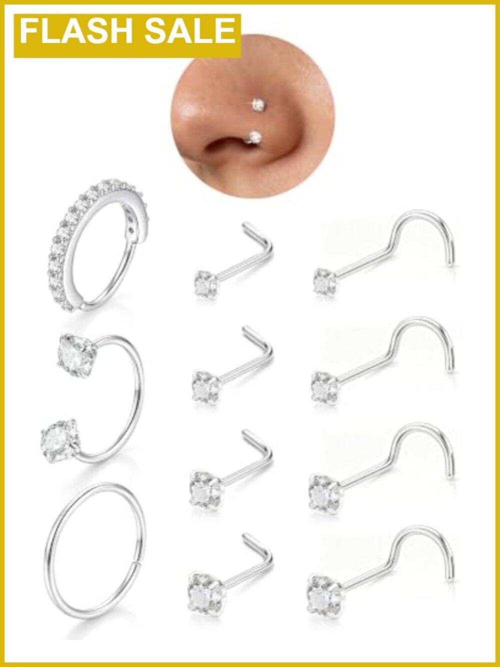 Stainless Steel Nose Ring Studs Cubic Zirconia Piercing Jewelry 11 Piece